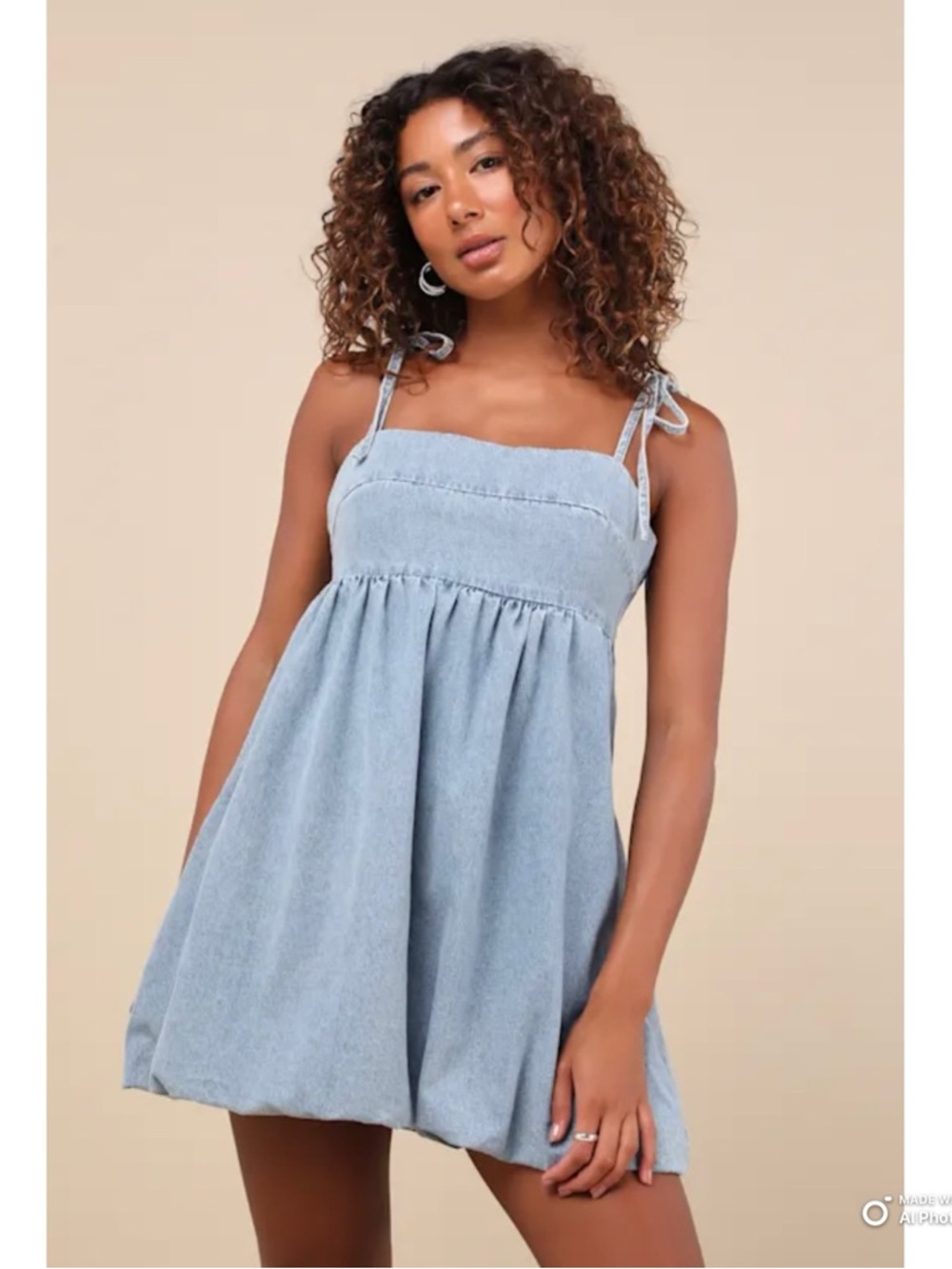 Lulus Large Charmed Aura Light Wash Denim Tie-Strap Bubble Hem Mini Dress NWT